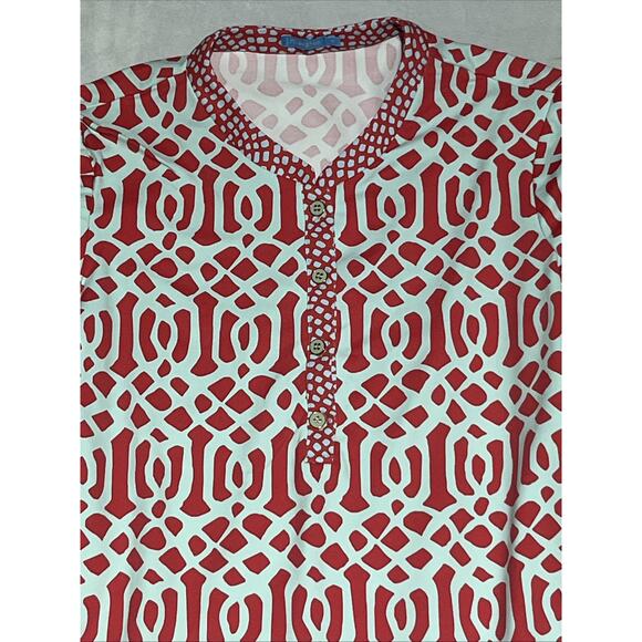 J McLaughlin Catalina Cloth Top Womens Medium 3/4 Sleeve Coral Aqua 1/4 Button - Picture 5 of 12